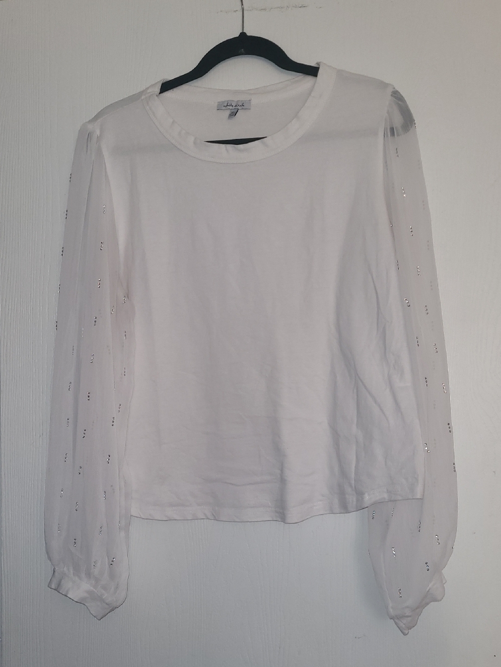 white birch White Long-Sleeve Tee with Sheer Embellished Sleeves -NEVER WORN-
